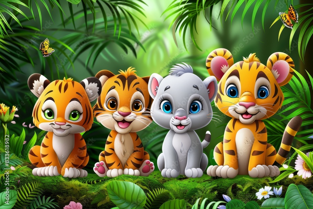 Engaging image of animated tiger cubs with one cub's face blurred set against a rich jungle backdrop Engaging image of animated tiger cubs with one cub's face blurred set against a rich jungle backdrop