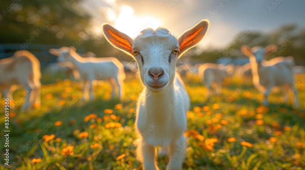 Goats on animal farm grazing on the lawn with agriculture background Goats on animal farm grazing on the lawn with agriculture background