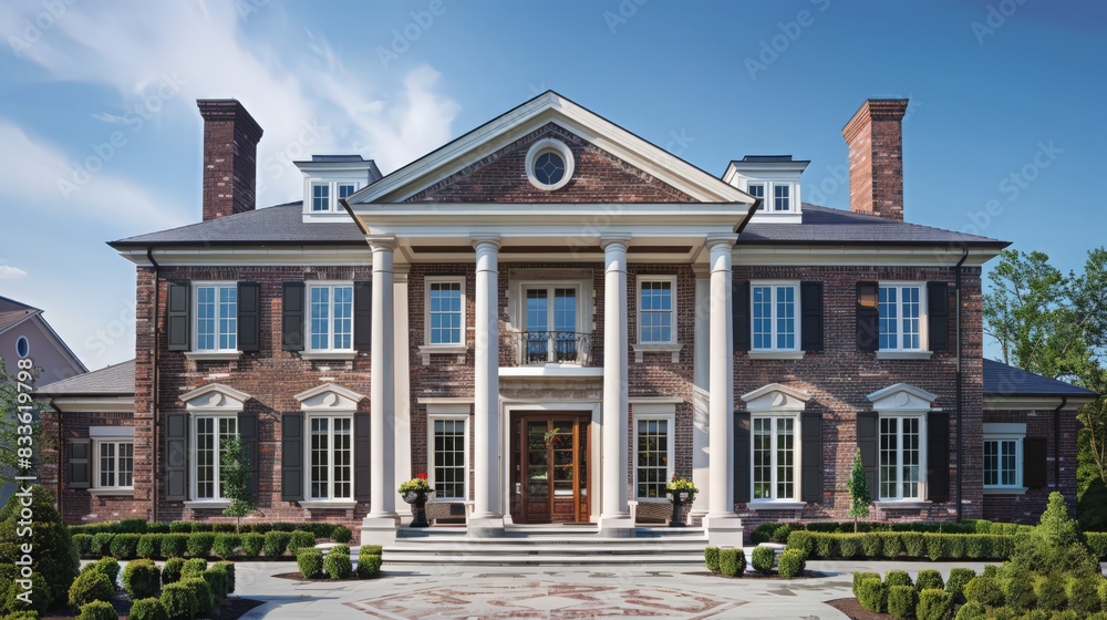 Fototapeta premium A colonial house design featuring symmetrical architecture, brick facades, and elegant columns