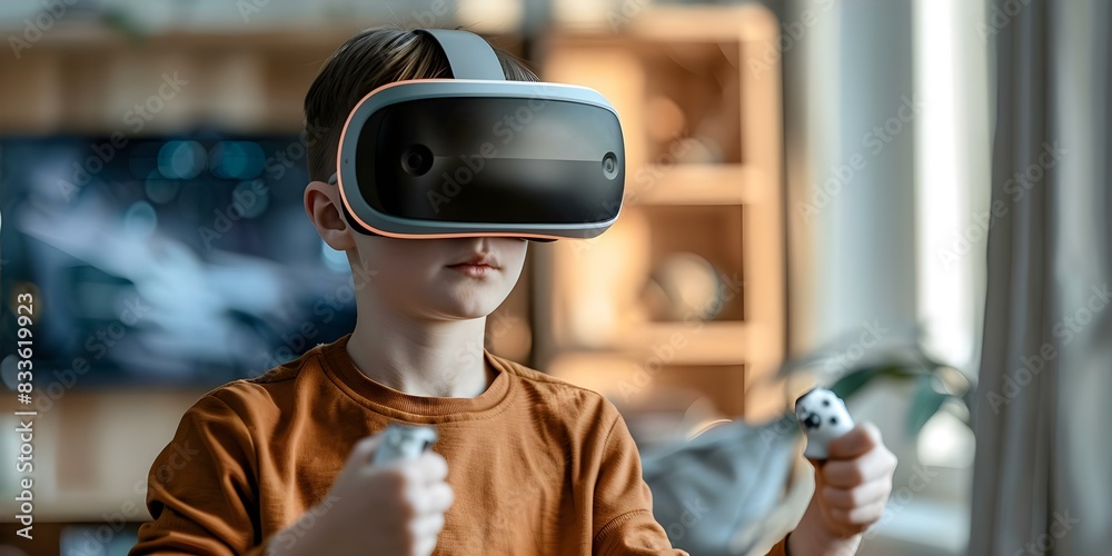 Teen boy using VR headset to play video game. Concept Virtual Reality Gaming, Teenagers Technology, Gaming Trends, VR Experience, Futuristic Entertainment Teen boy using VR headset to play video game. Concept Virtual Reality Gaming, Teenagers Technology, Gaming Trends, VR Experience, Futuristic Entertainment