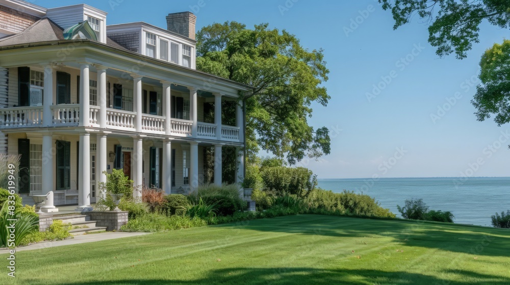 A colonial sea house with large columns, a grand porch, and classic seaside charm A colonial sea house with large columns, a grand porch, and classic seaside charm