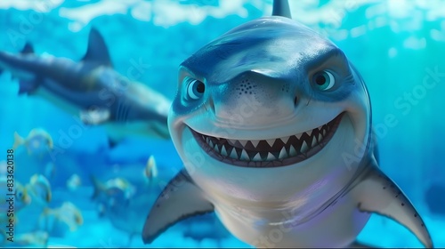 Friendly Cartoon Shark Underwater in the Blue Ocean