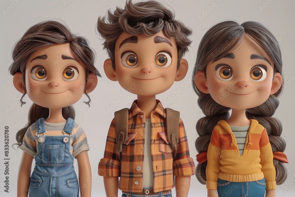 Three adorable cartoon-style children with bright expressions wearing casual outfits against a simple backdrop Three adorable cartoon-style children with bright expressions wearing casual outfits against a simple backdrop