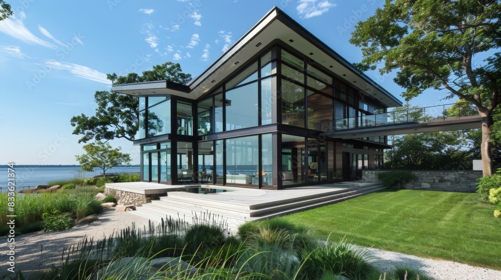 A contemporary sea house with sharp angles, extensive use of glass, and seamless indoor-outdoor integration A contemporary sea house with sharp angles, extensive use of glass, and seamless indoor-outdoor integration