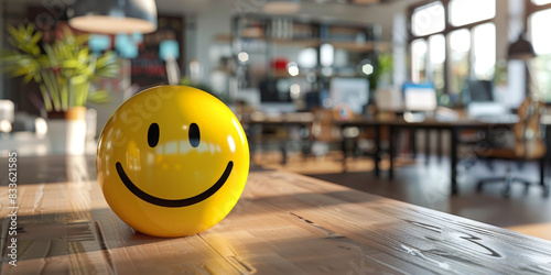 Yellow smiley face ball on a wooden desk in a cozy office setting with sunlight streaming through the windows, creating a cheerful and inviting workspace
 photo