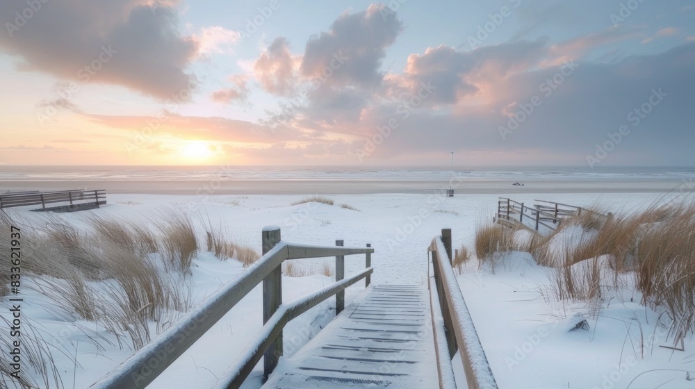 Scenic snowy beach with wooden stairs leading to sand dunes under the setting sun over the ocean Scenic snowy beach with wooden stairs leading to sand dunes under the setting sun over the ocean