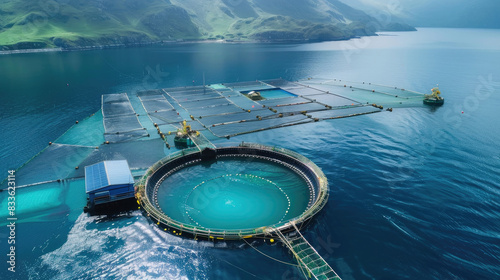 Industrial aquaculture salmon farm, seen from the air