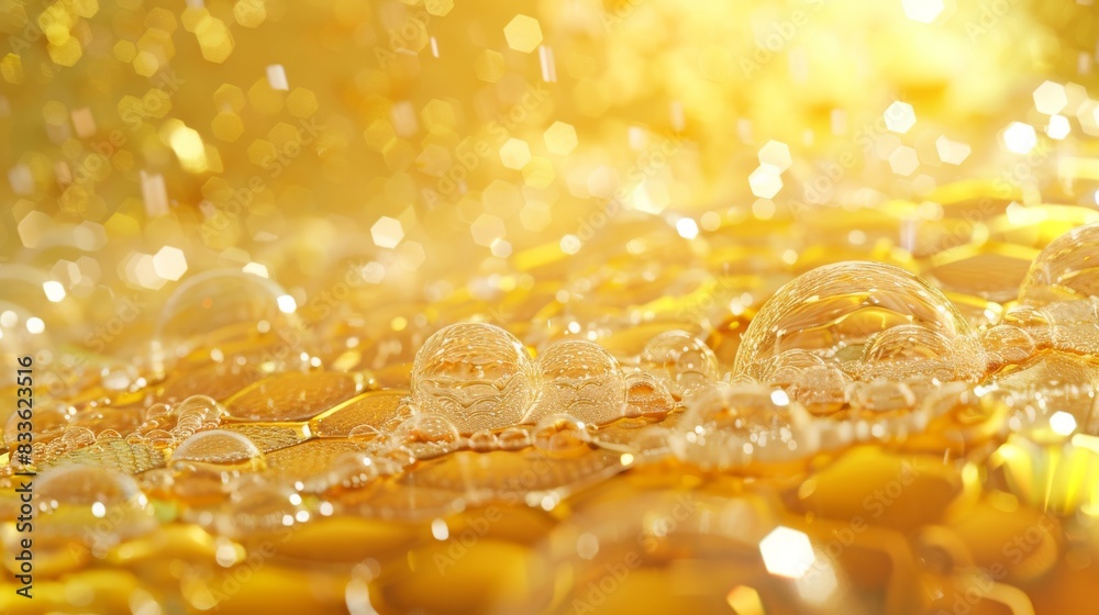 Yellow liquid honey texture pattern. Sparkling golden powder. Festive background. Yellow liquid honey texture pattern. Sparkling golden powder. Festive background.