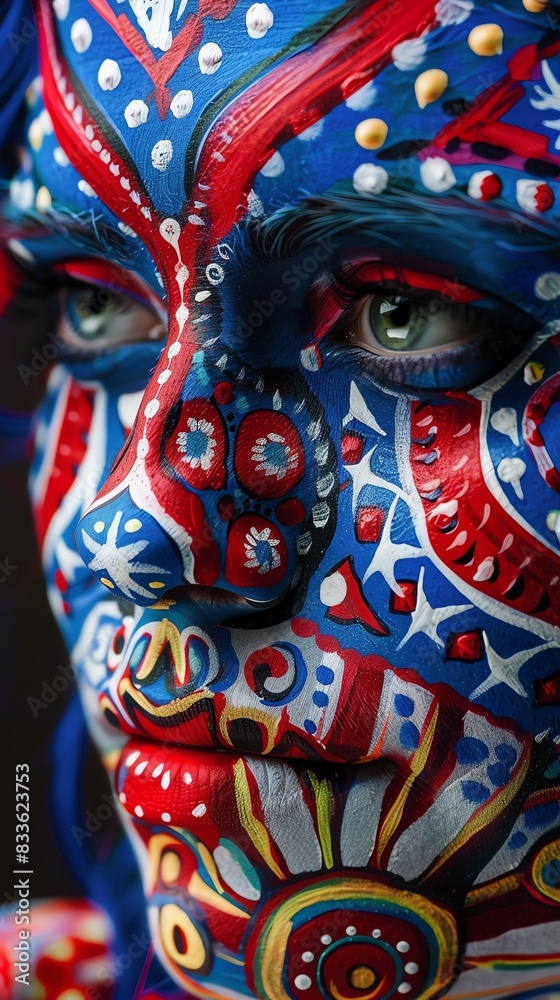 Fototapeta premium Close-up of a woman's face with vibrant red, white, and blue face paint.