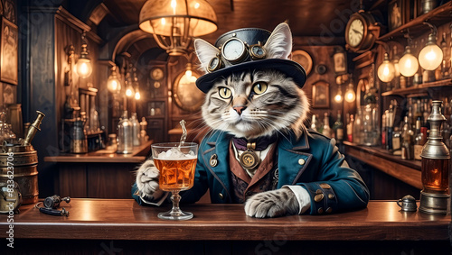 Vintage illustration of a steampunk cat at a bar behind the counter