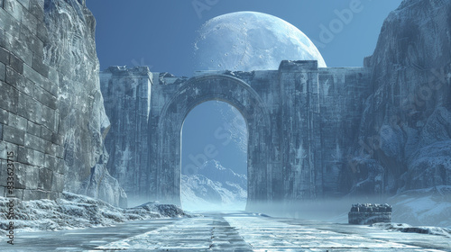 A desolate, snowy landscape with a bridge and a large moon in the sky