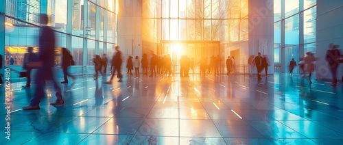 Blurred background of modern office interior with glass walls and many people