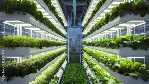 Vertical farm facility  showcasing rows of leafy greens and herbs growing vertically in stacked layers under artificial lighting  sustainable farming practices for urban agriculture food production