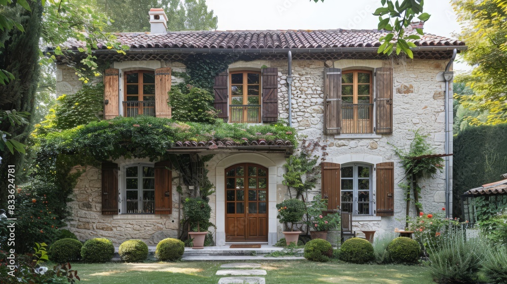 A French country house design with stone facades, charming shutters, and a rustic yet elegant interior A French country house design with stone facades, charming shutters, and a rustic yet elegant interior