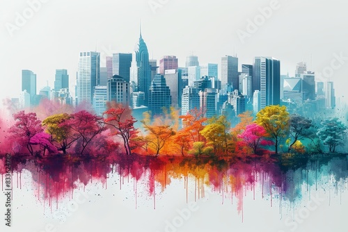 Vibrant illustration of a city skyline with trees in various colors reflecting in water