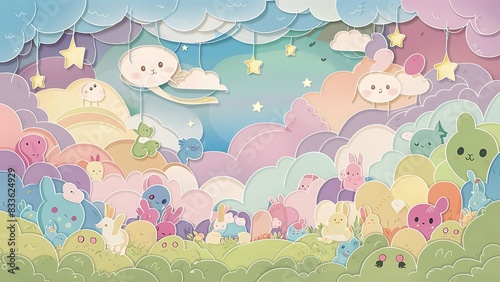 Sky with Clouds and Stars Background in a paper cut wallpaper
