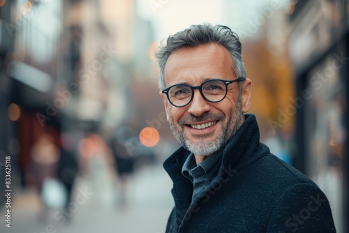 Mature businessman with spectacles  bag  and enjoyment of metro walks  travel  and outdoor activities. Entrepreneur  CEO  or manager in Milan s city  traffic  or sidewalk for a delighted smile