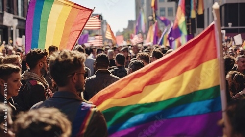 Gay and Lesbian Pride Month Rainbow flags wave in the air at an LGBTQ pride event.