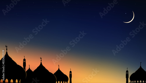 Sky Night Ramadan Kareem Background Dome Mosques Crescent moon Star twilight dusk Sky Vector Greeting card for symbolic of Muslim culture  Eid Mubarak Eid al adha Eid al fitr Islamic new year Muharram