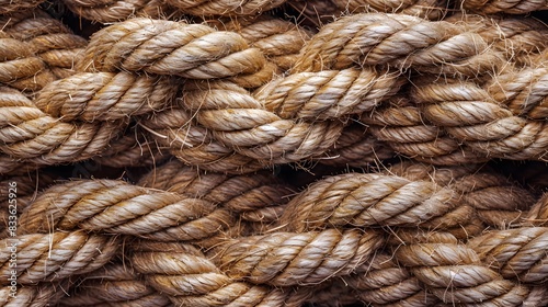A detailed texture of jute rope, showcasing the natural beauty and strength associated with its use in various applications. This closeup view captures every detail of the textured fabric.
