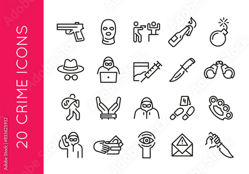 Crime icons. Set of 20 crime trendy minimal icons. Gun, Bomb, Incognito, Scammer, Injection, Knife, Handcuffs, Looting, Design signs for web page, mobile app, packaging design. Vector illustration