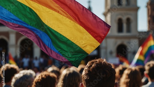 Gay and Lesbian Pride Month Rainbow flags wave in the air at an LGBTQ pride event.