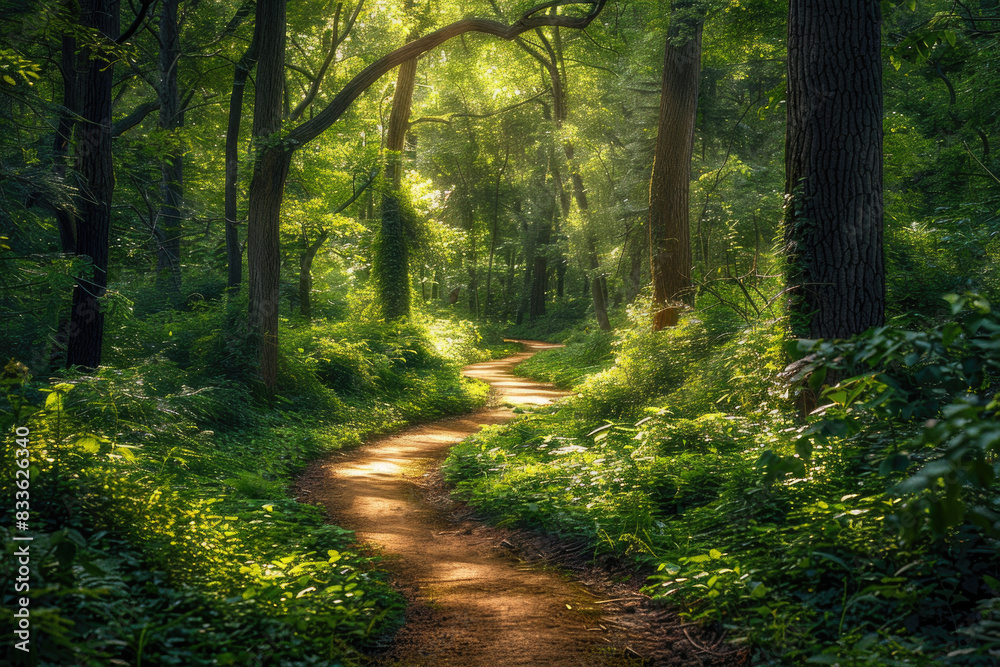 A tranquil forest path surrounded by lush greenery and sunlight