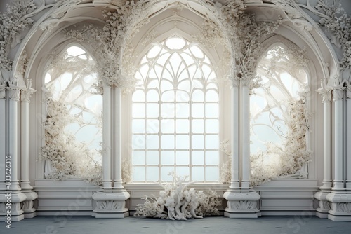 An interior view of a luxurious gothic arch window with ornate floral carvings photo