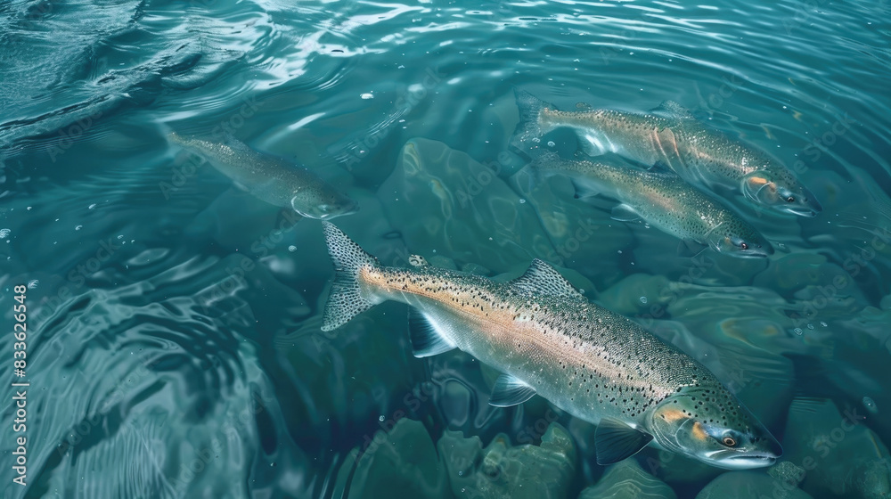 Fototapeta premium salmon in water, salmon swimming in aquaculture salmon farm