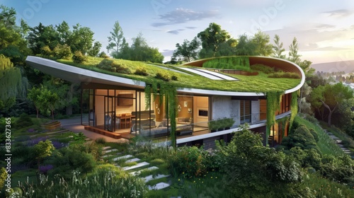 A future home exterior is designed to be self-sustaining, with green roofs, solar panels, and rainwater harvesting systems integrated seamlessly. © Thirawat