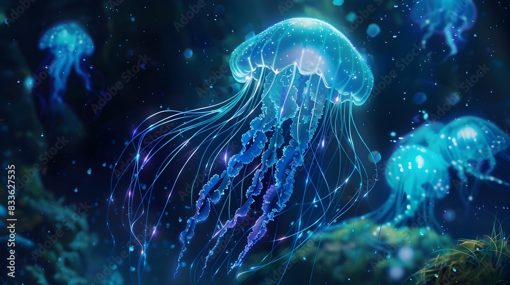 Captivating Bioluminescent Jellyfish Floating in Ethereal Underwater Realm Captivating Bioluminescent Jellyfish Floating in Ethereal Underwater Realm