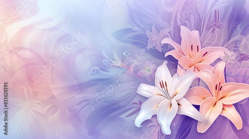 Abstract background with decorative egg patterns, cross symbols, and lily flowers