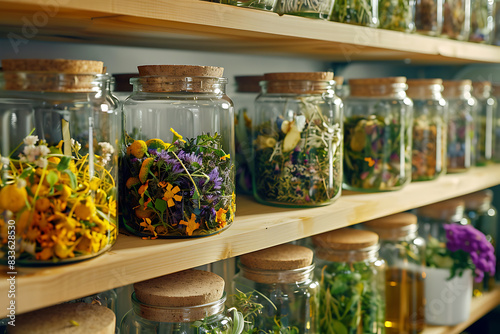 Modern medicine production, showcasing pharmacology with natural herbs and advanced technology for preparation