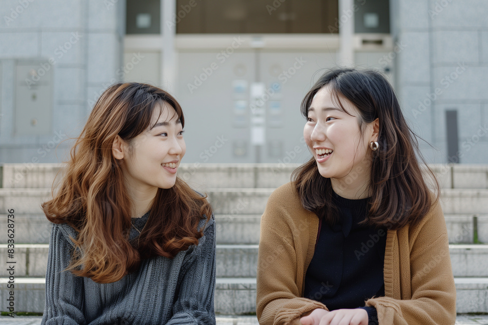 The two women are seated on the steps of a Japanese university building, engaged in a lively conversation. Both are smiling, with their expressions reflecting warmth and camaraderi The two women are seated on the steps of a Japanese university building, engaged in a lively conversation. Both are smiling, with their expressions reflecting warmth and camaraderi