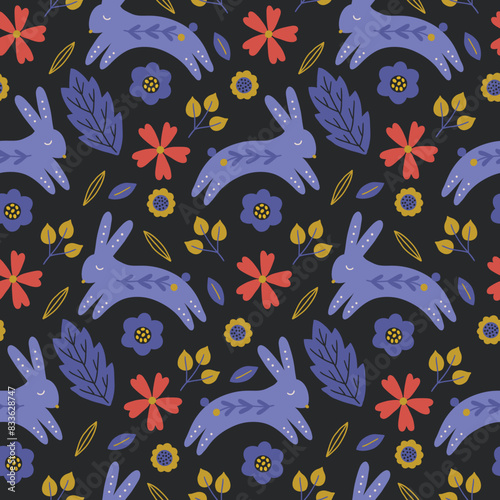 Folklore seamless pattern with rabbits  flowers and leaves. Vector illustration