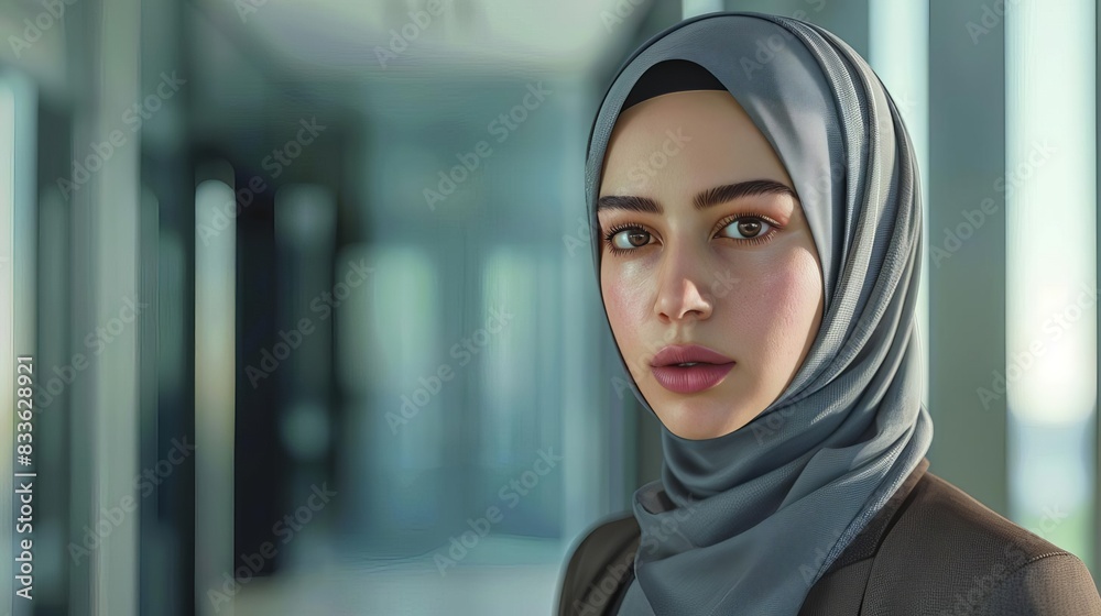 Portrait of a young woman wearing a hijab, looking at the camera.