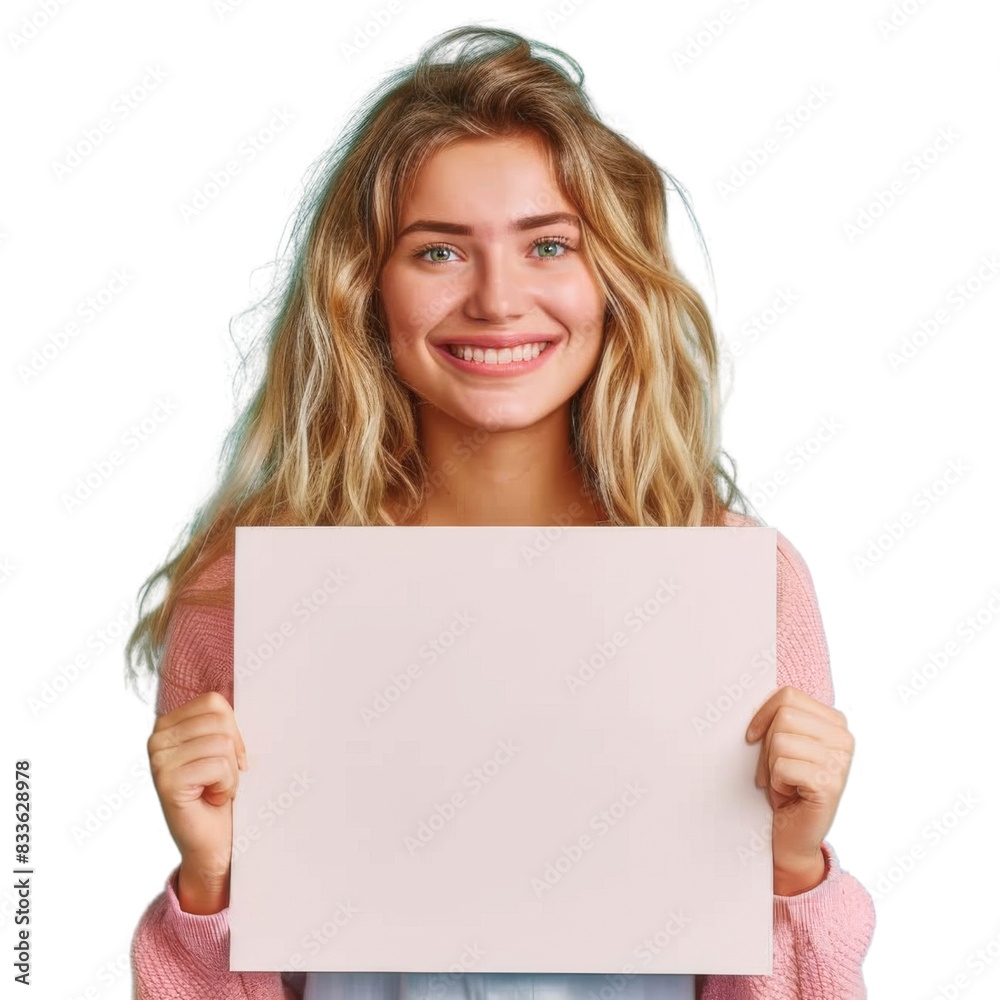 Young woman smiling and holding a blank white board, isolated on transparent background Young woman smiling and holding a blank white board, isolated on transparent background