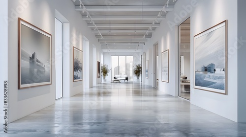 A modern office interior with white walls, concrete floors and glass windows. The space is filled with minimalist art pieces hanging on the wall. 