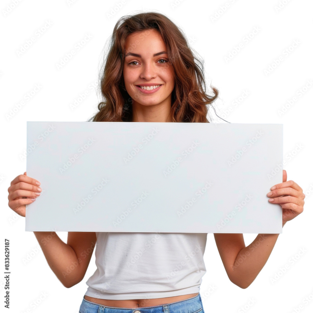 Young woman smiling and holding a blank white board, isolated on transparent background Young woman smiling and holding a blank white board, isolated on transparent background