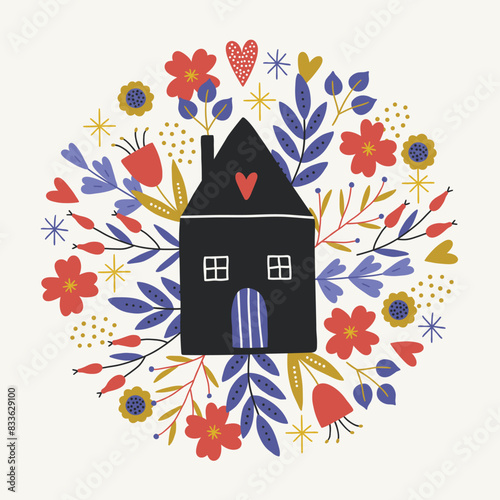 Folklore floral greeting card with black house, hearts, leaves, flowers
