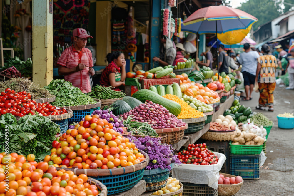 A lively street market with colorful stalls and bustling activity