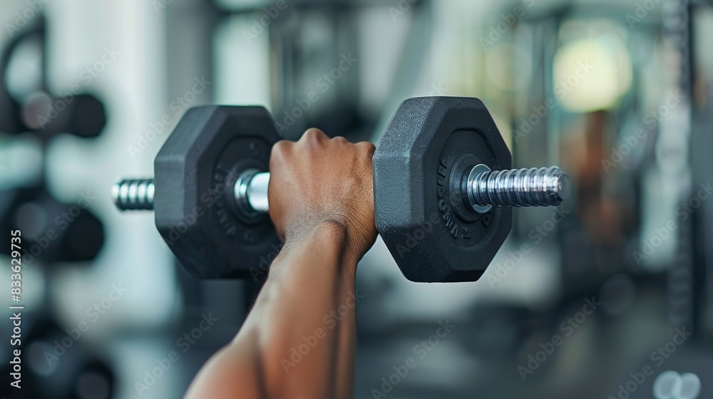 Hand gripping a dumbbell in a bright, modern gym with equipment in background. Close-up of hand holding dumbbell with gym equipment blurred in background. Hand gripping a dumbbell in a bright, modern gym with equipment in background. Close-up of hand holding dumbbell with gym equipment blurred in background.
