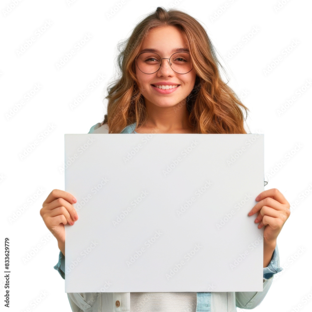 Young woman smiling and holding a blank white board, isolated on transparent background Young woman smiling and holding a blank white board, isolated on transparent background
