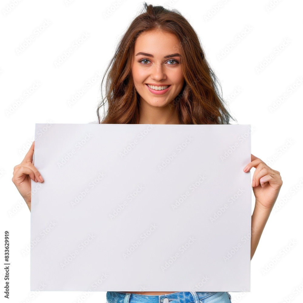 Young woman smiling and holding a blank white board, isolated on transparent background Young woman smiling and holding a blank white board, isolated on transparent background
