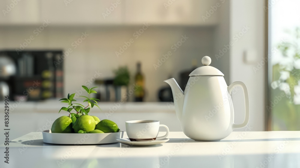A minimalist kitchen countertop with a modern teapot, cup, and fresh green tea leaves, showcasing simple elegance A minimalist kitchen countertop with a modern teapot, cup, and fresh green tea leaves, showcasing simple elegance