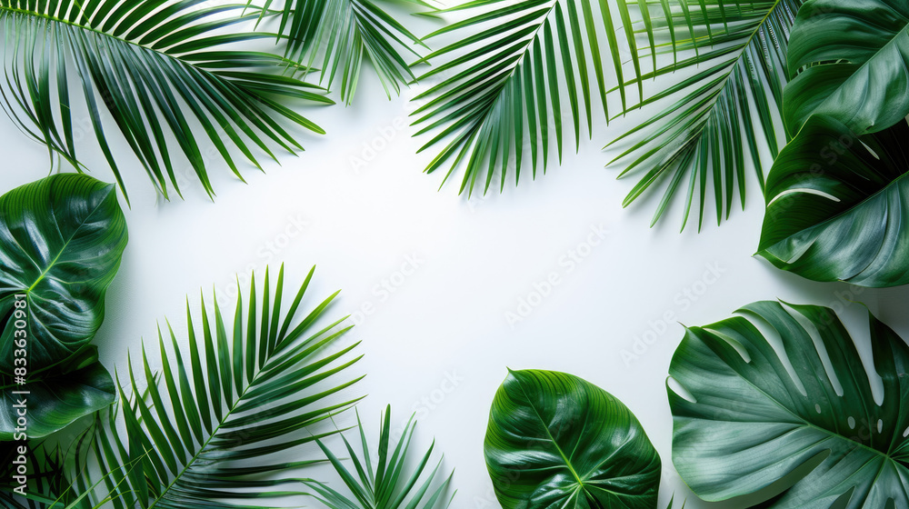 Lush tropical leaves including Cycas on a crisp white background with ...