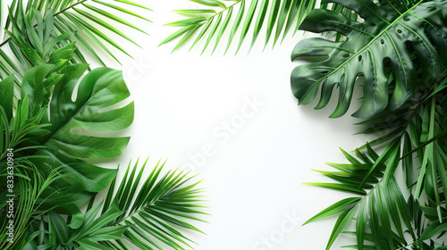Tropical leaves featuring Cycas in vibrant greens on a white background with copy space. Ideal for summer themes and nature-inspired designs. photo