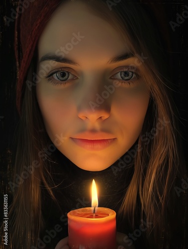 Young Woman Holding a Candle in Darkness photo