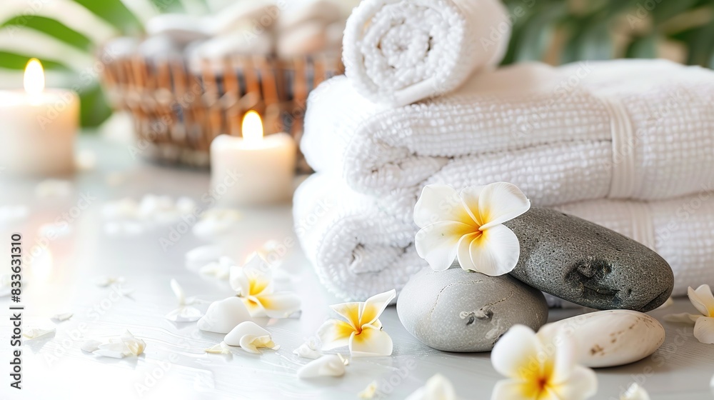 luxurious spa background with candles, rolled towels, and flowers, serene atmosphere for relaxation and wellness, concept for spa retreats, beauty salons, wellness centers. luxurious spa background with candles, rolled towels, and flowers, serene atmosphere for relaxation and wellness, concept for spa retreats, beauty salons, wellness centers.
