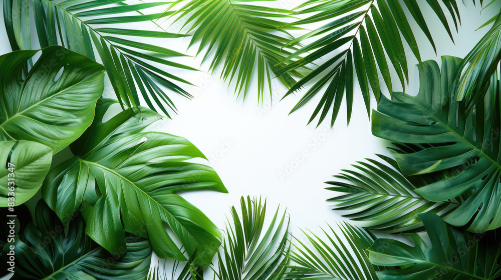 Vibrant green Majesty Palm leaves on a white background with ample copy space. Perfect for summer and botanical-themed projects. Vibrant green Majesty Palm leaves on a white background with ample copy space. Perfect for summer and botanical-themed projects.
